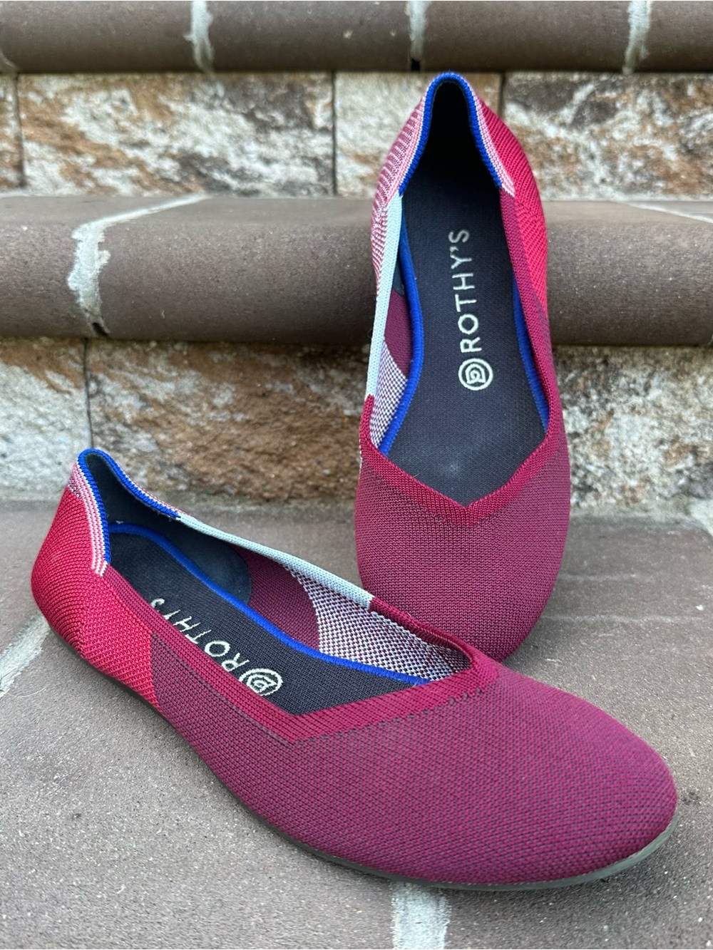 Rothy’s “The Flat” Berry Burgundy & Blue Colorblock Round Toe Flats Size 10